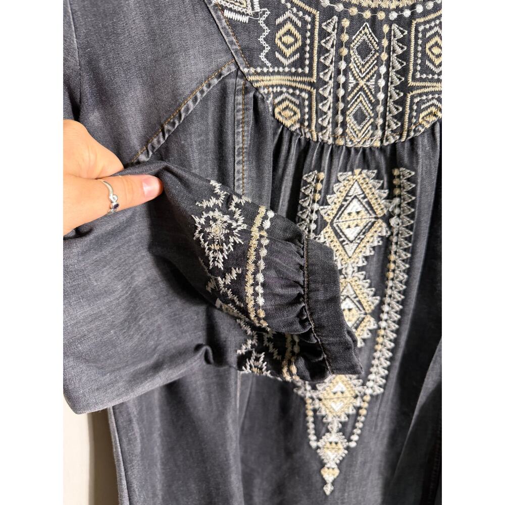 Monoreno M Embroidered Tunic Top Gray Boho Western Southwestern Long Sleeve - Picture 5 of 9
